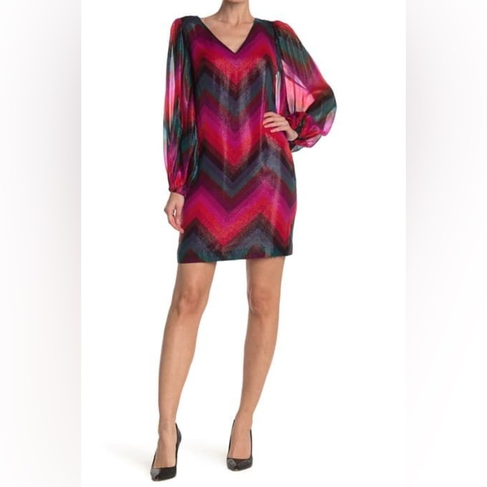 Trina Turk Silk Shimmer Long Sleeve Lurex Striped Sheer Dress Hitachi Size 8